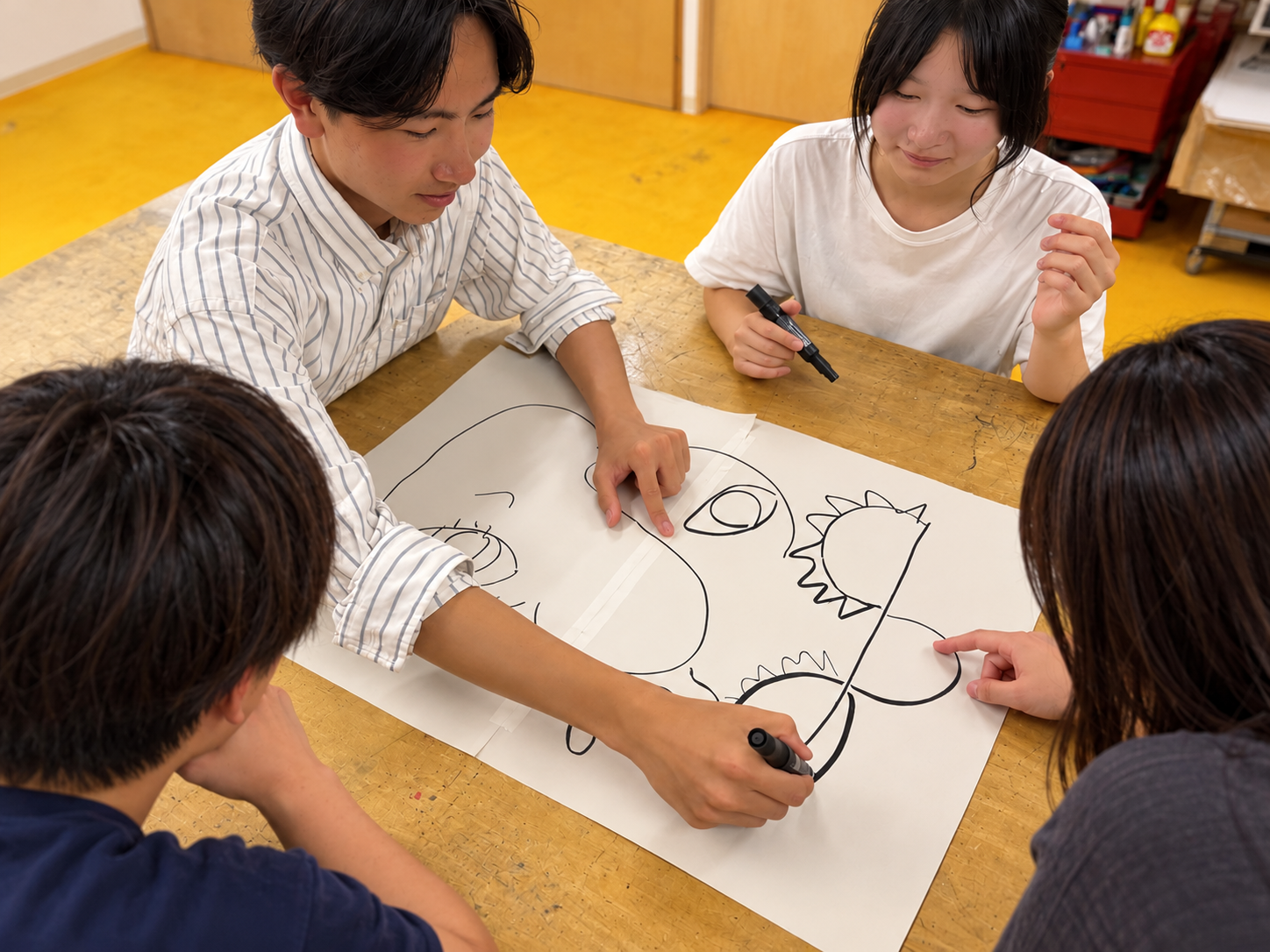 テーブルを囲んで描画に取り組む授業風景